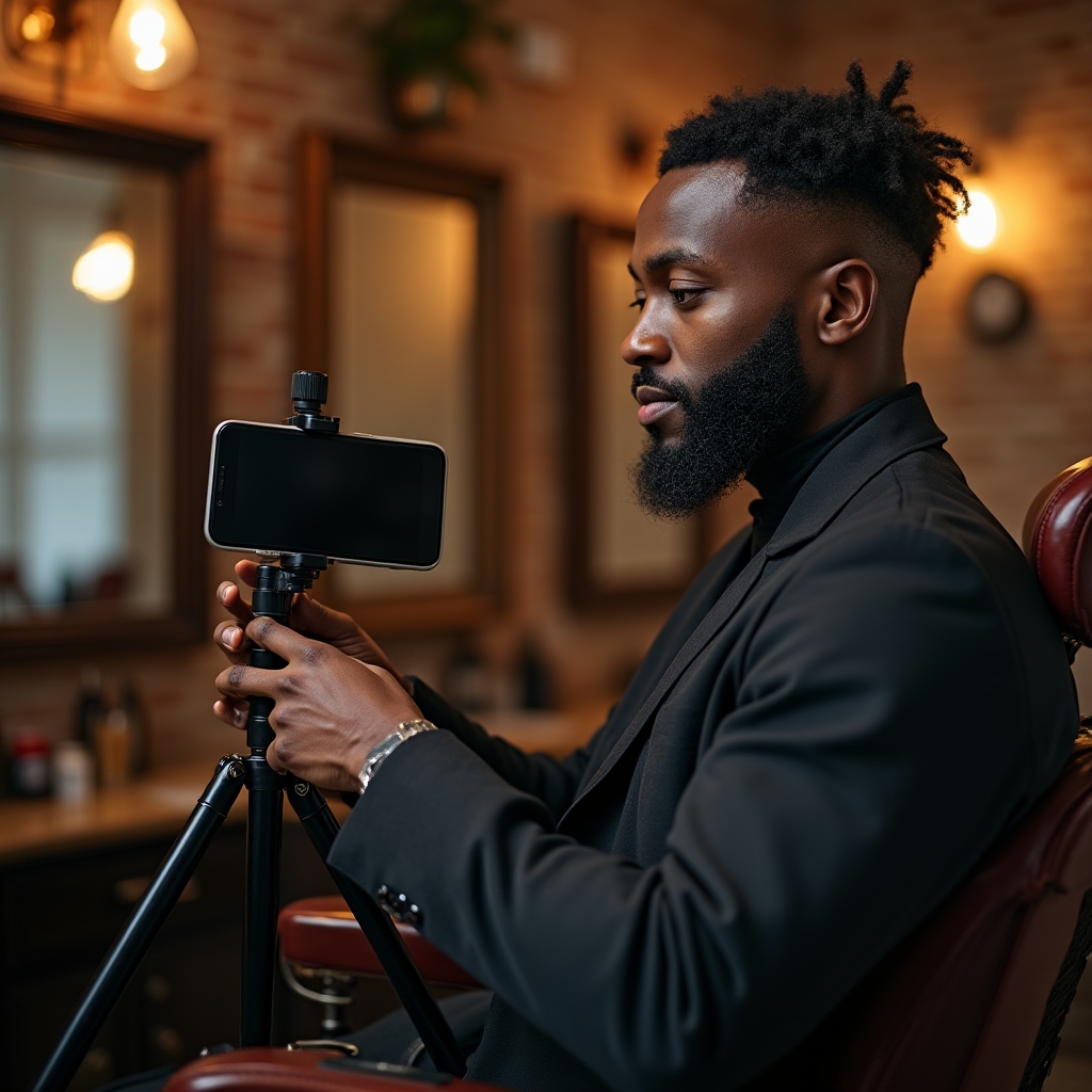 Barber nagrywa telefonem metamorfozę klienta w swoim salonie