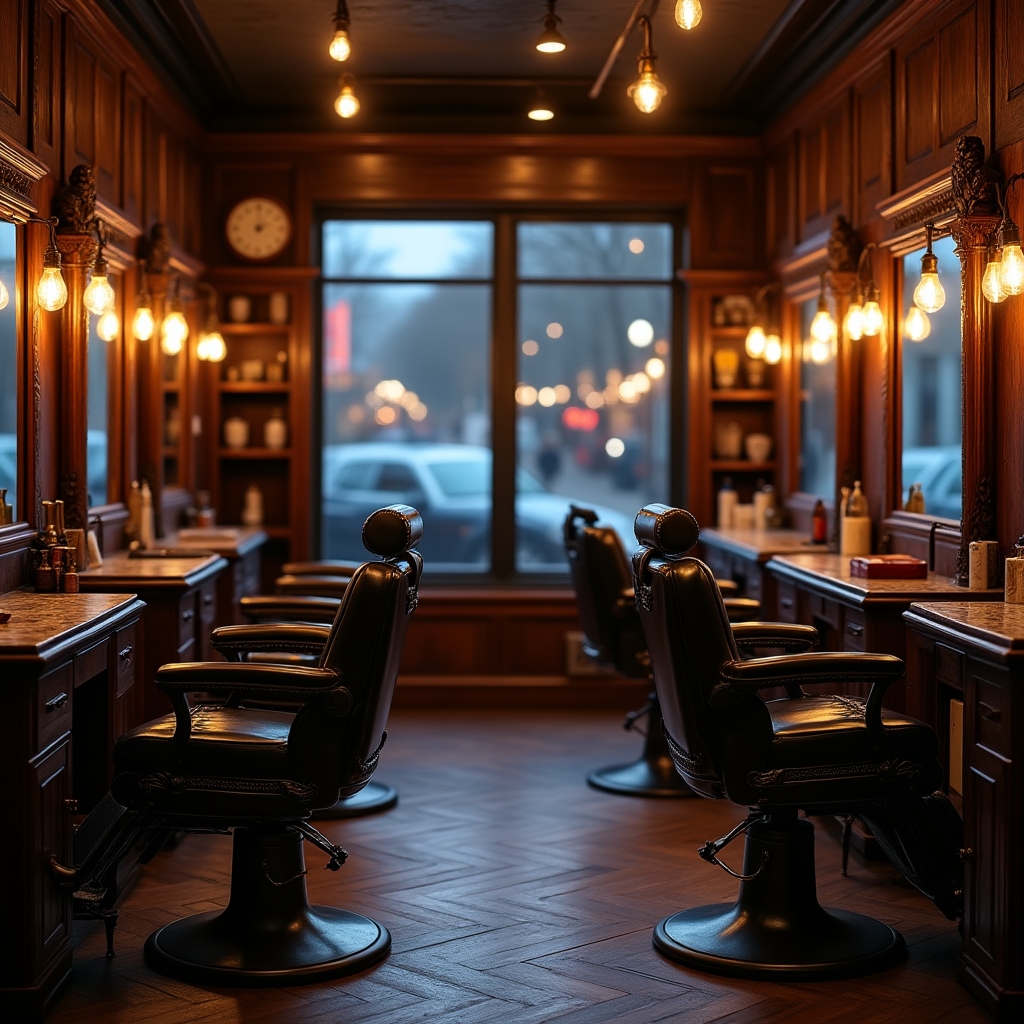 Elegancka atmosfera salonu barberskiego z ciepłym oświetleniem